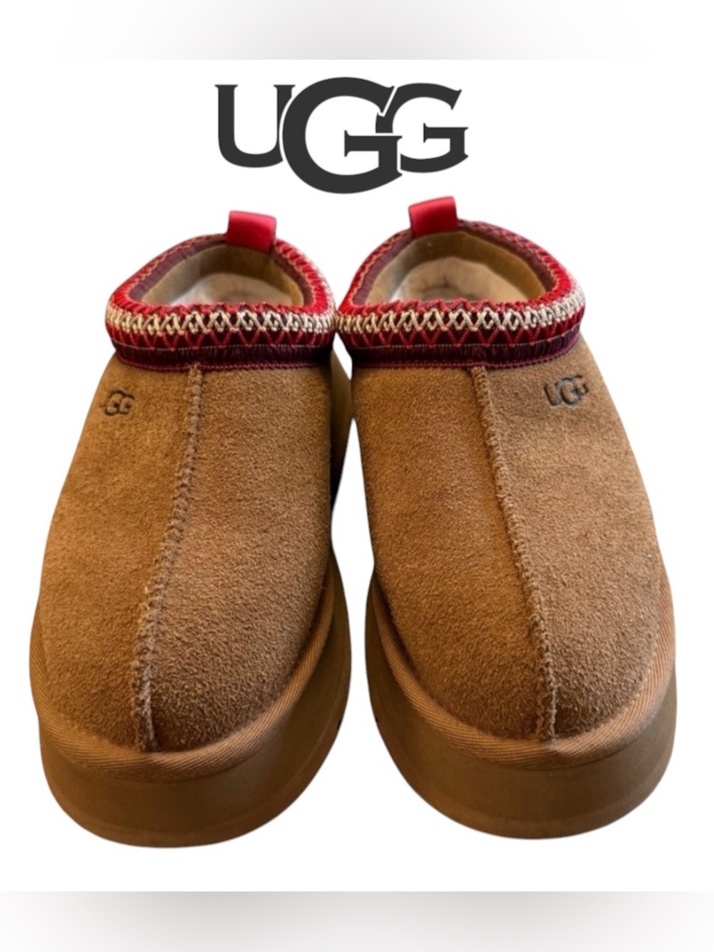 UGG Chestnut Brown Suede Slip-On Slippers with Red Trim
